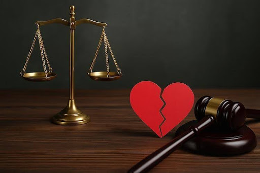 Golden scales, gavel, and a broken red heart symbolizing infidelity and divorce decisions in Tennessee courts.