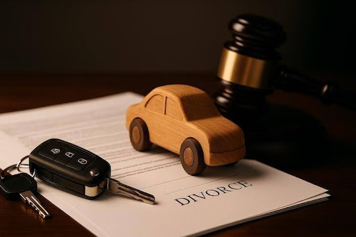 car keys and wooden car on divorce papers symbolizing vehicle and debt division in a Tennessee divorce.