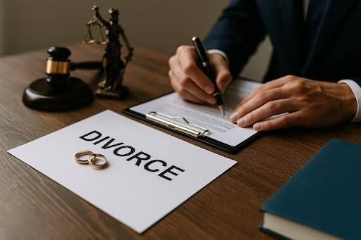 Professional legal setting with divorce papers, gavel, and wedding rings symbolizing protection during the divorce process in Tennessee.