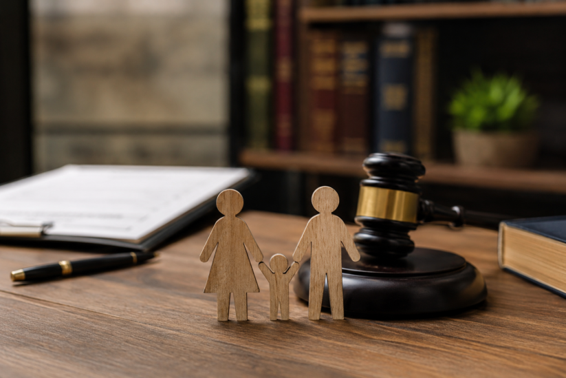 tennessee-divorce-court-order-enforcement Wooden family figures beside a judge’s gavel representing Tennessee divorce court order enforcement and family law disputes.