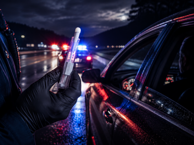 Police officer holding an oral fluid mouth swab test during a Tennessee DUI traffic stop at night