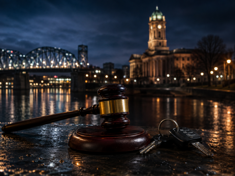 Gavel and car keys near the Chattanooga riverfront representing felony DUI charges in Tennessee.